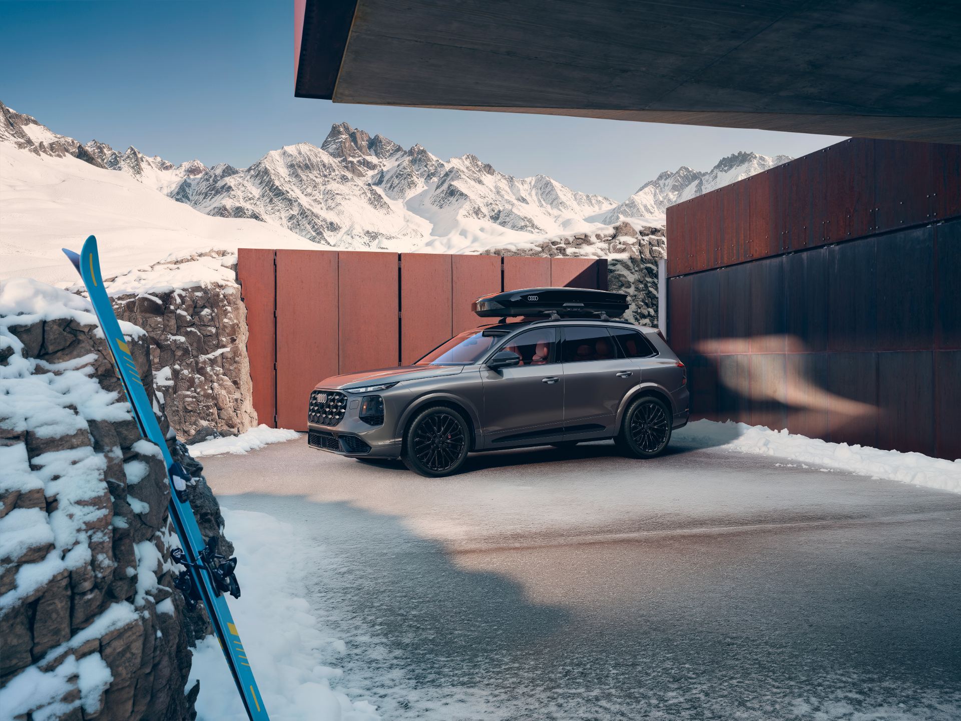 2027 audi sq7 front three quarter snow roof box grey