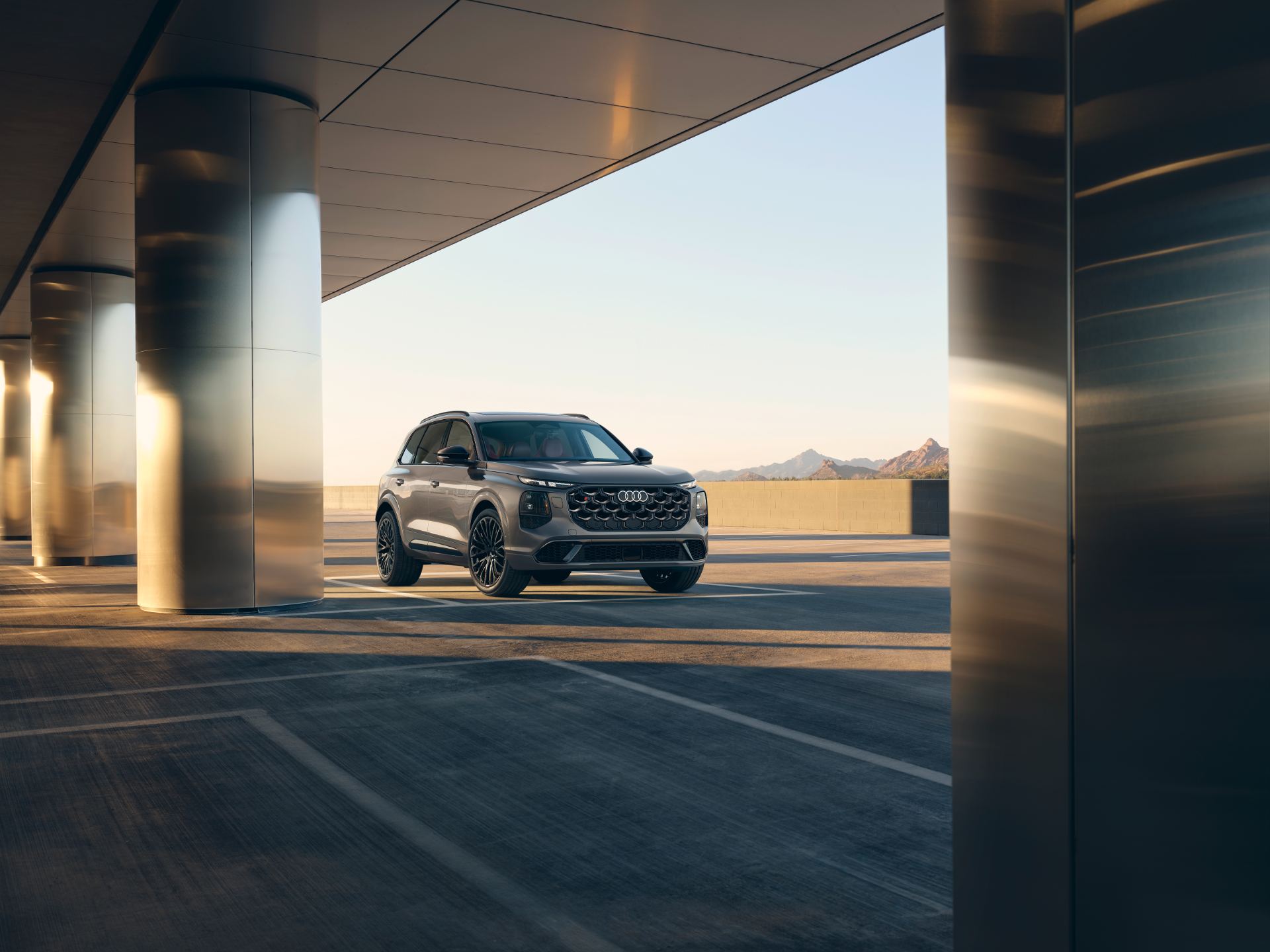 2027 audi sq7 front modern building columns grey