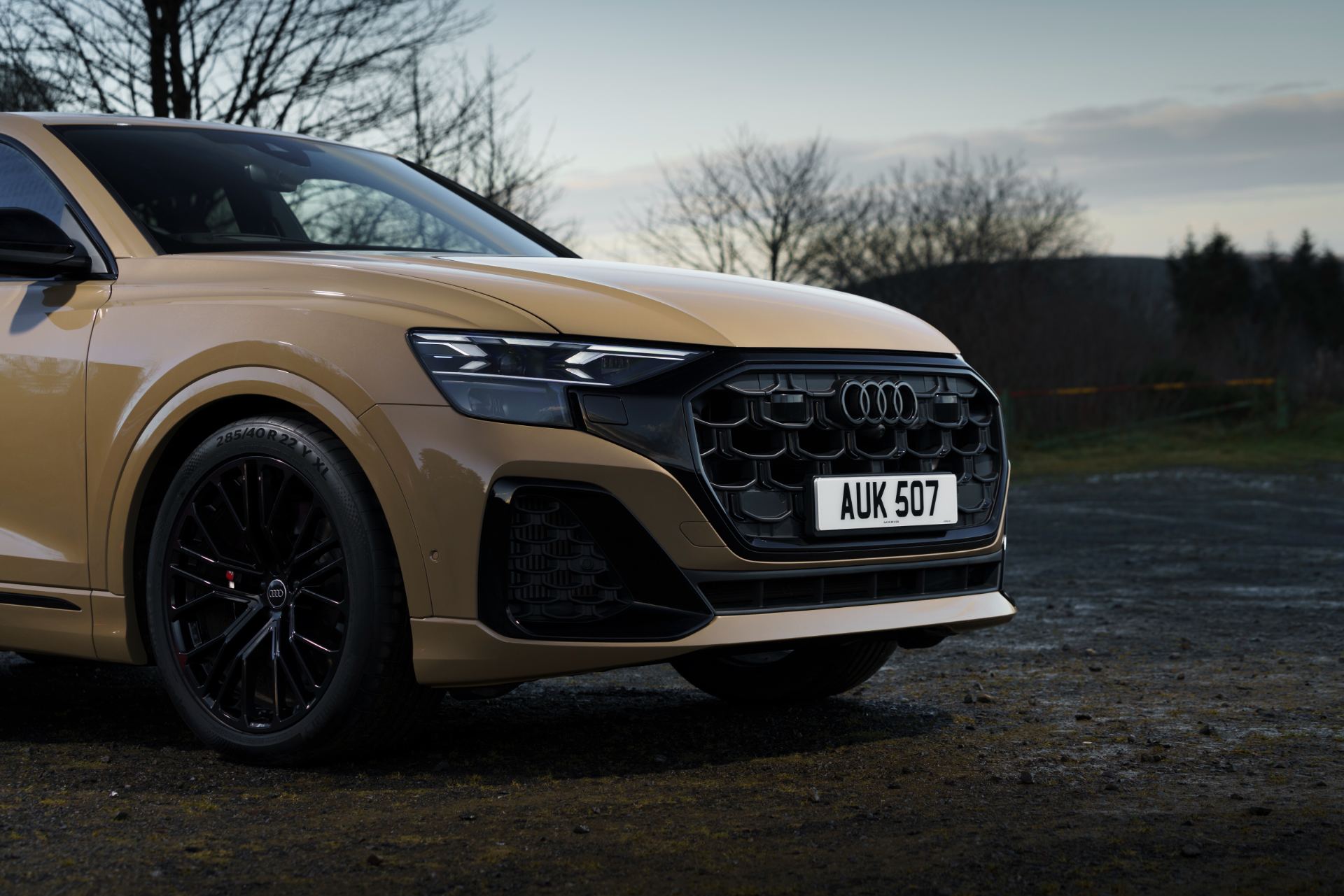 2026 audi sq8 front three quarter close up beige