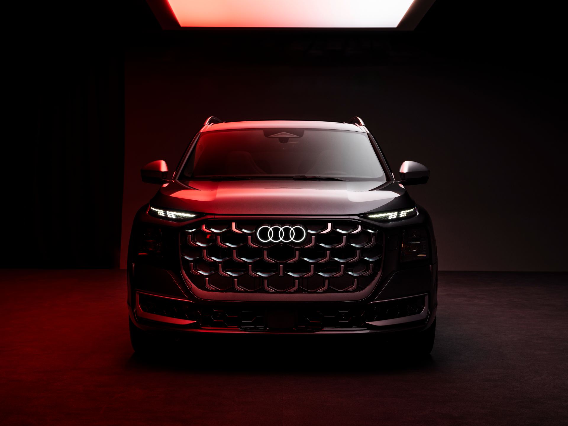 2027 audi sq9 front studio red lighting grey