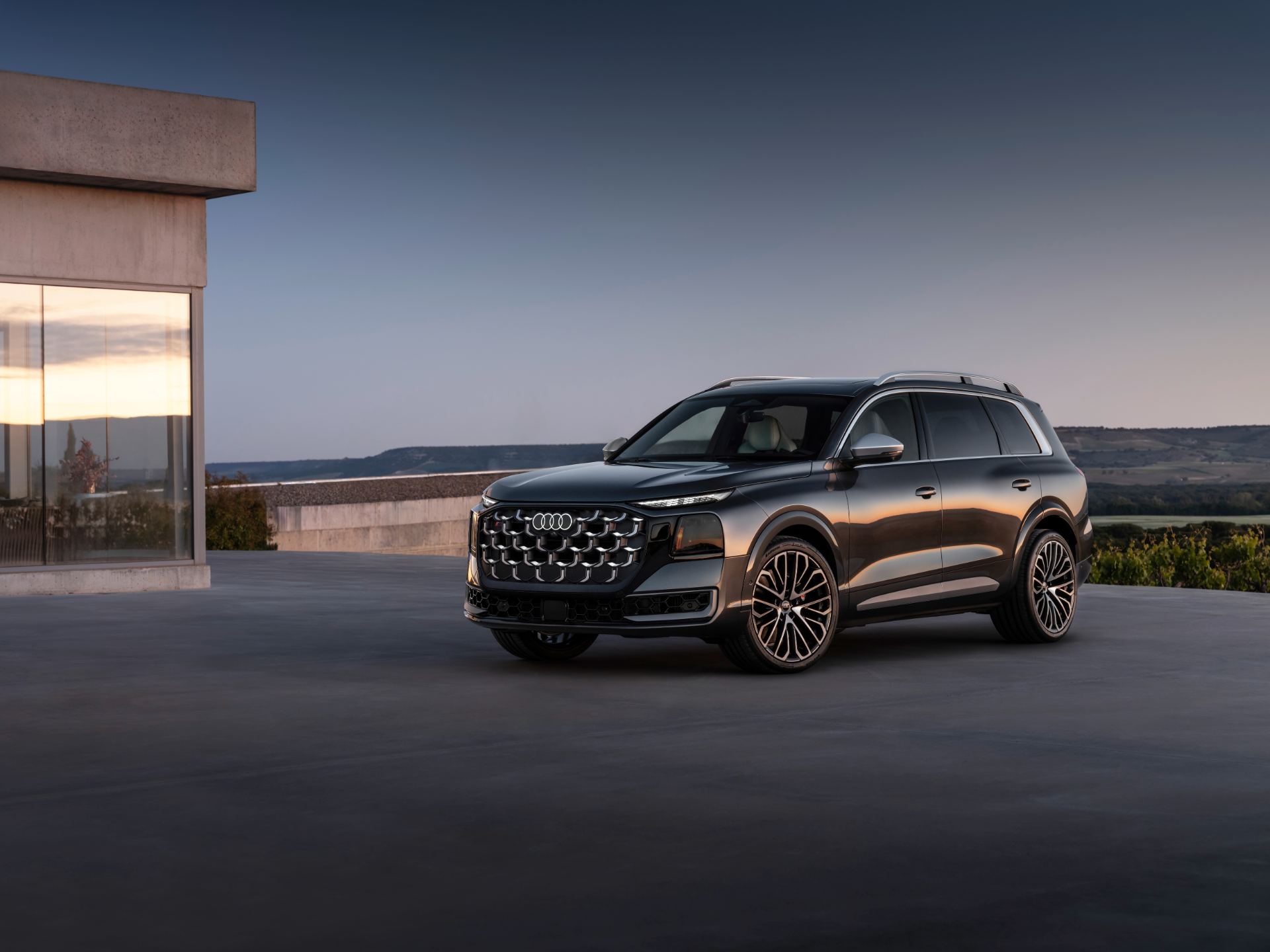 2027 audi sq9 front three quarter terrace grey