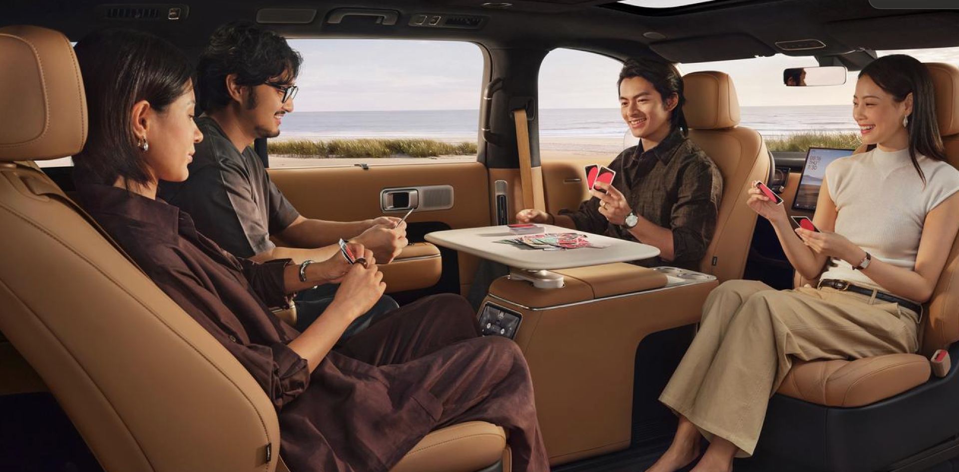 Front seats rotated rearward to form the face-to-face lounge configuration