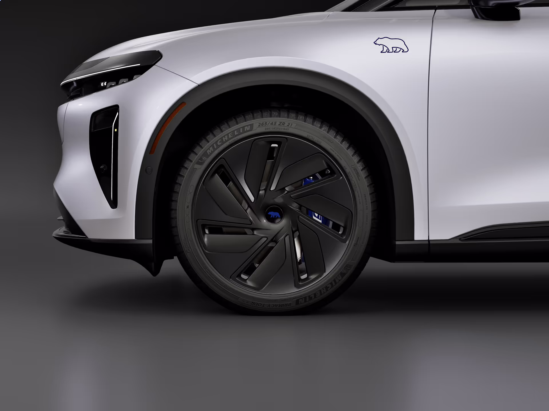 Close-up of the machined alloy wheel with painted blue brake caliper and Lucid Bear centre cap