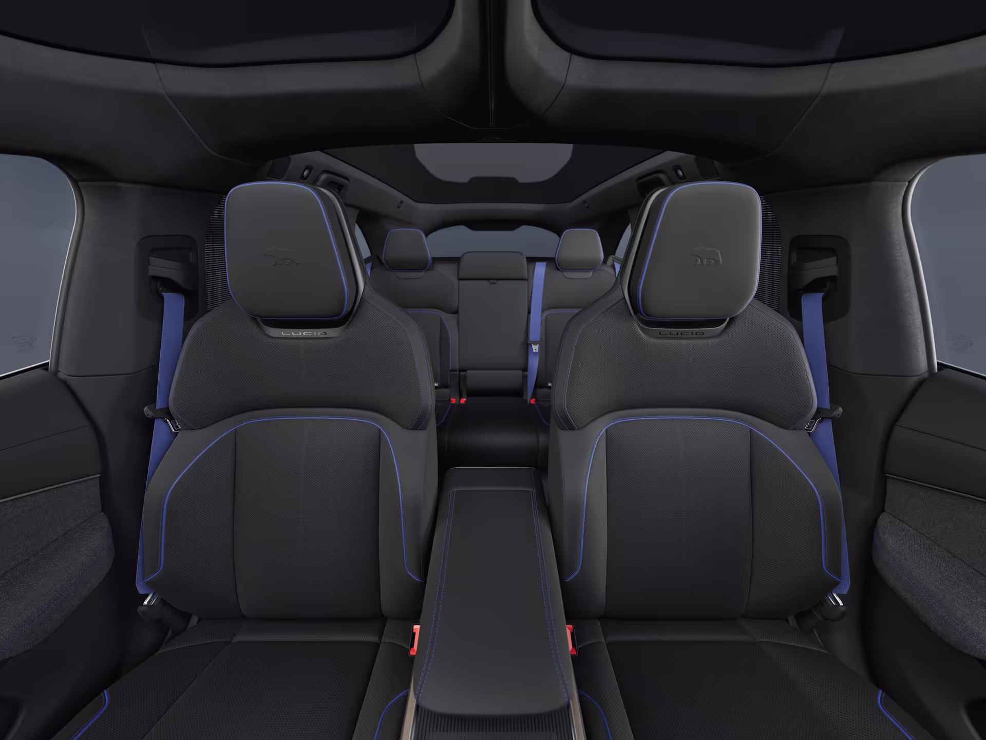 First and second rows showing blue stitching, piping and blue seatbelts