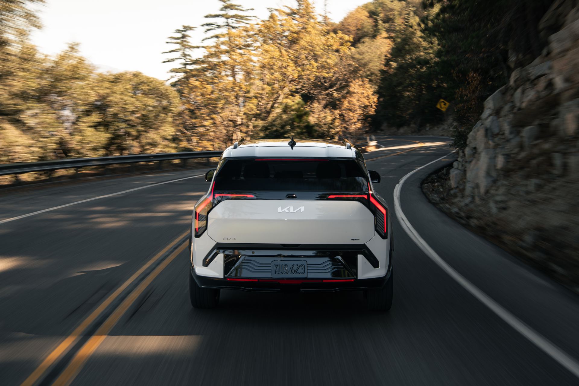 Rear three-quarter view highlighting the vertical tail lights and squared tailgate