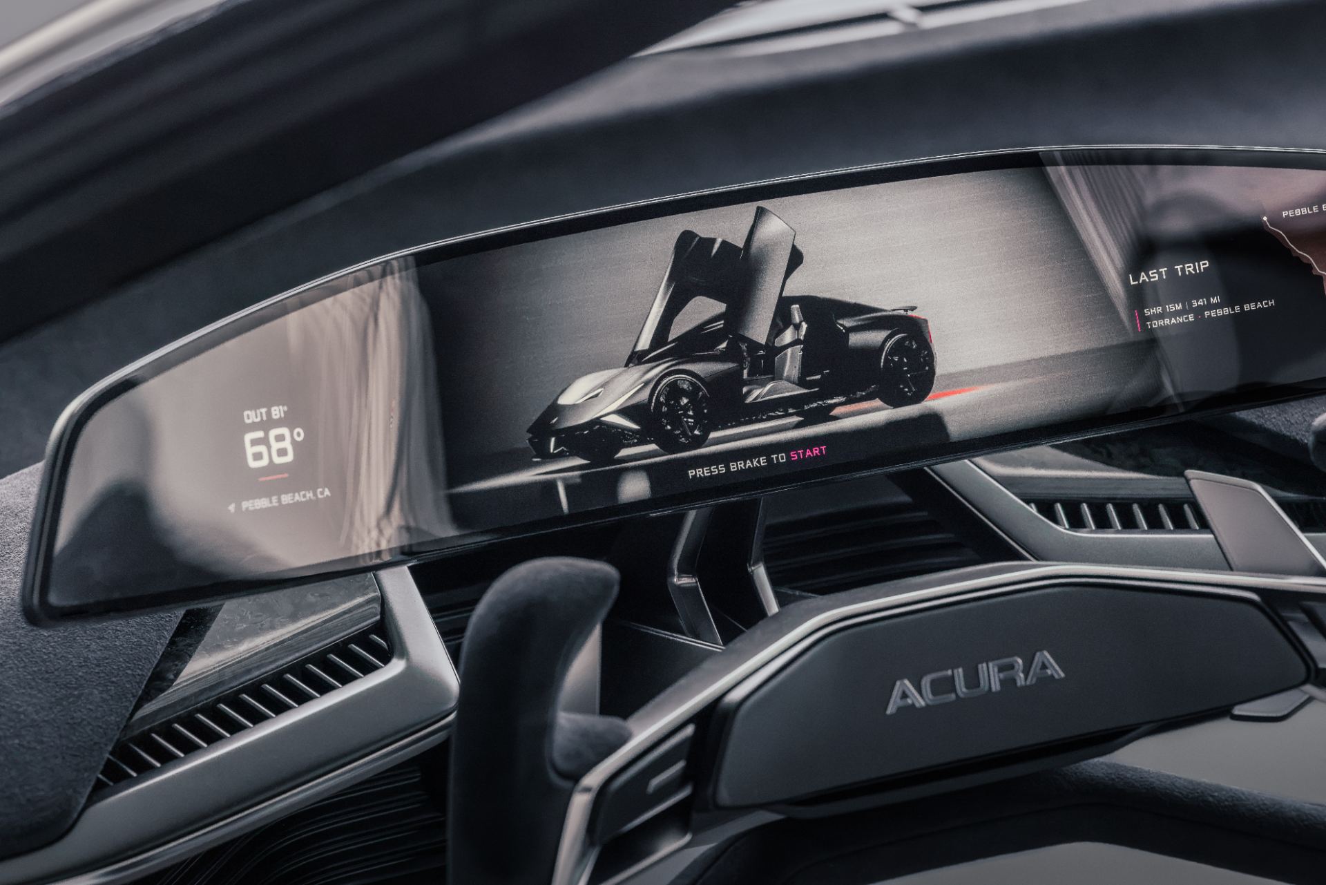 Centre console and dashboard detail in black-and-white with forged carbon and pink accents