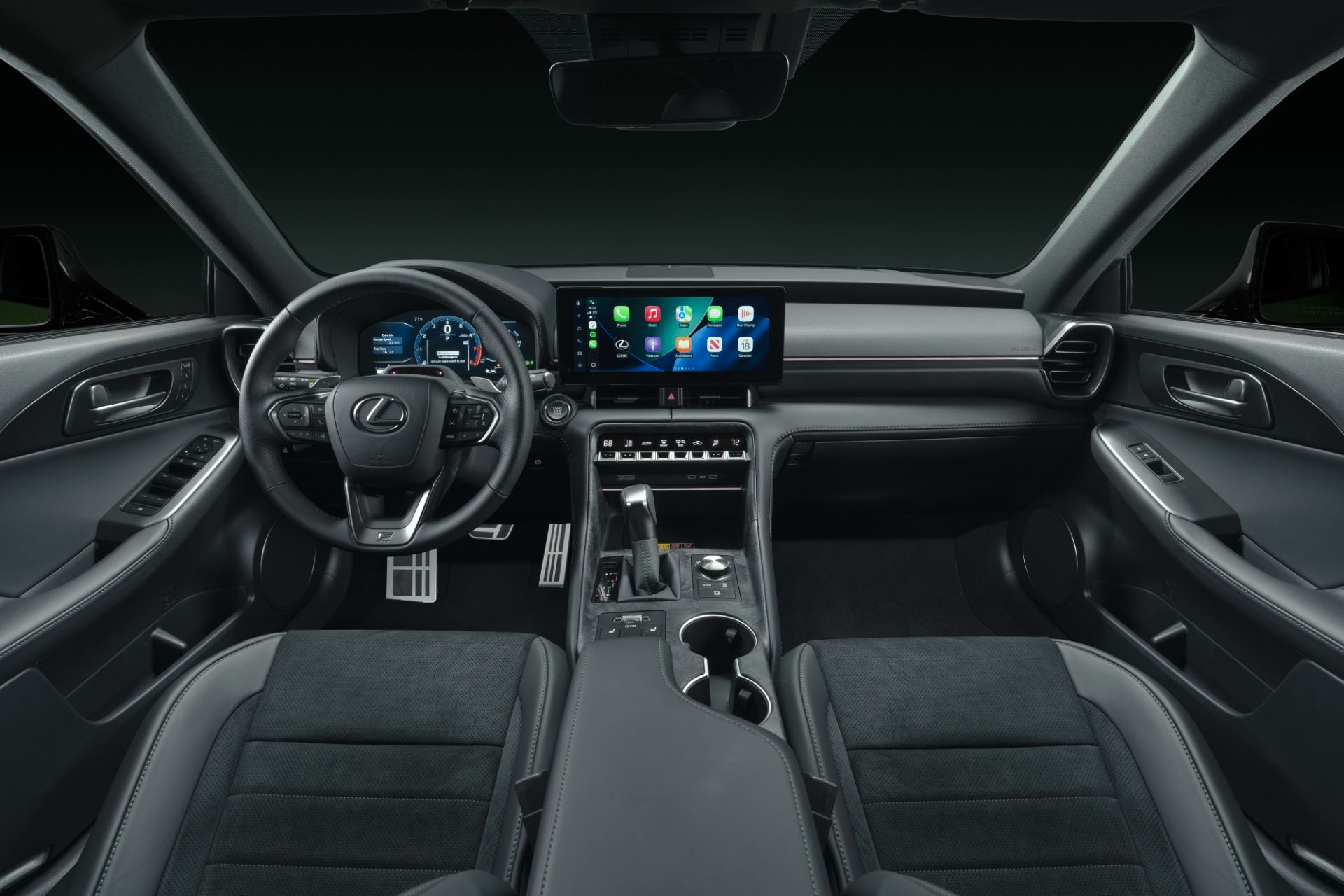 Dashboard and cockpit showing the satin chrome-finished trim and F SPORT steering wheel