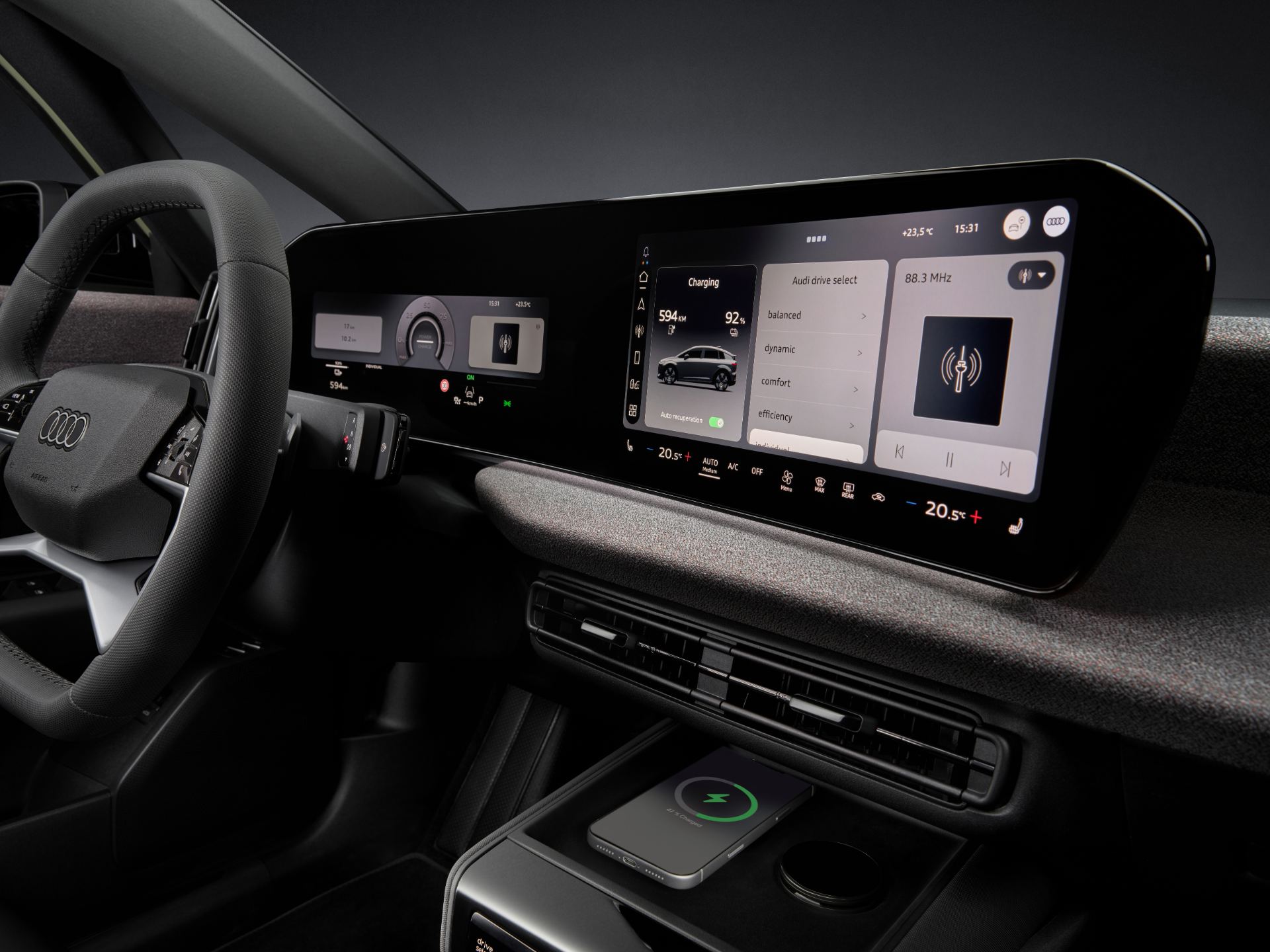 Detail of the column-mounted gear selector and multifunction steering wheel
