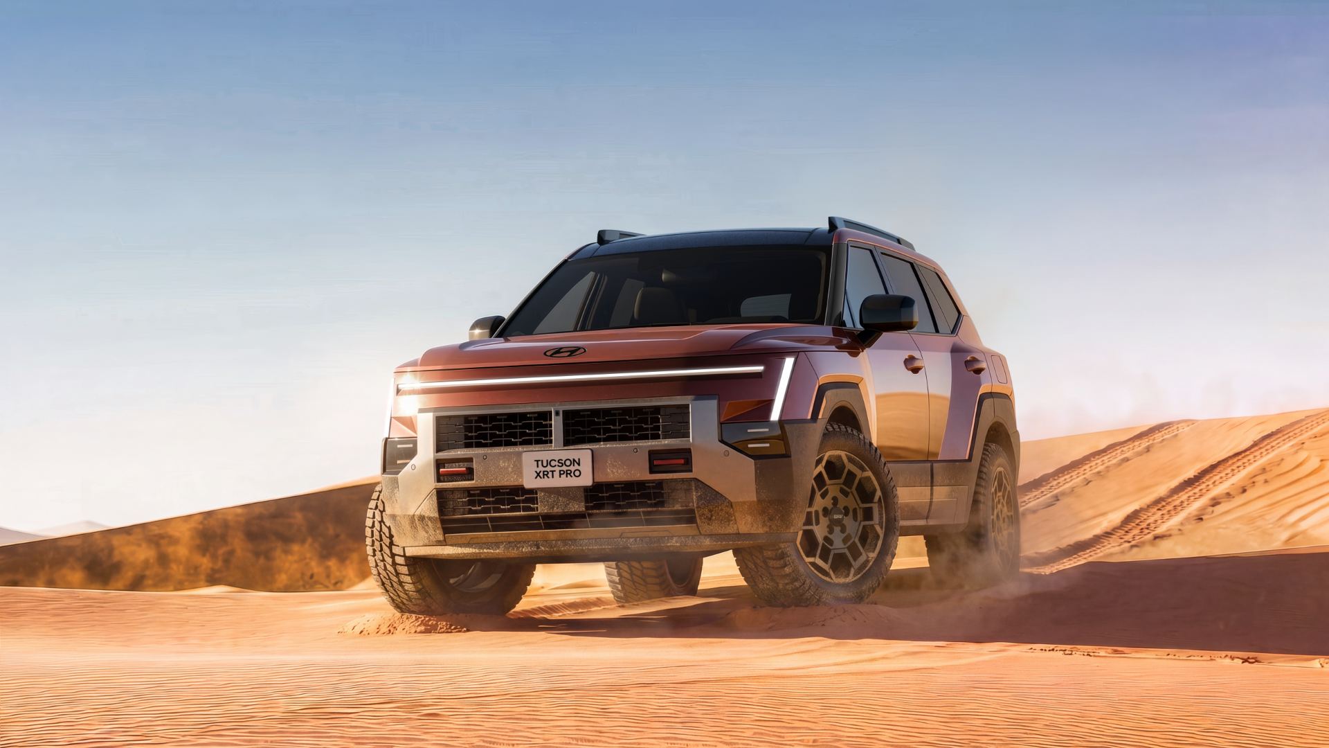 Front three-quarter press photo of the 2027 Hyundai Tucson in Ranger Green Matte, shot against the Manhattan skyline at the New York world premiere